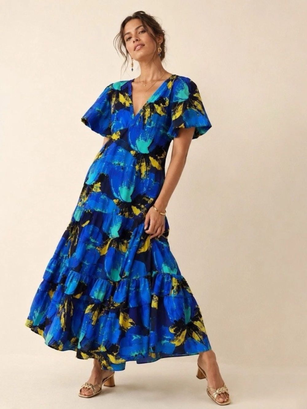 Christopher John Rogers Blue Floral Maxi Tiered Dress Womens 4